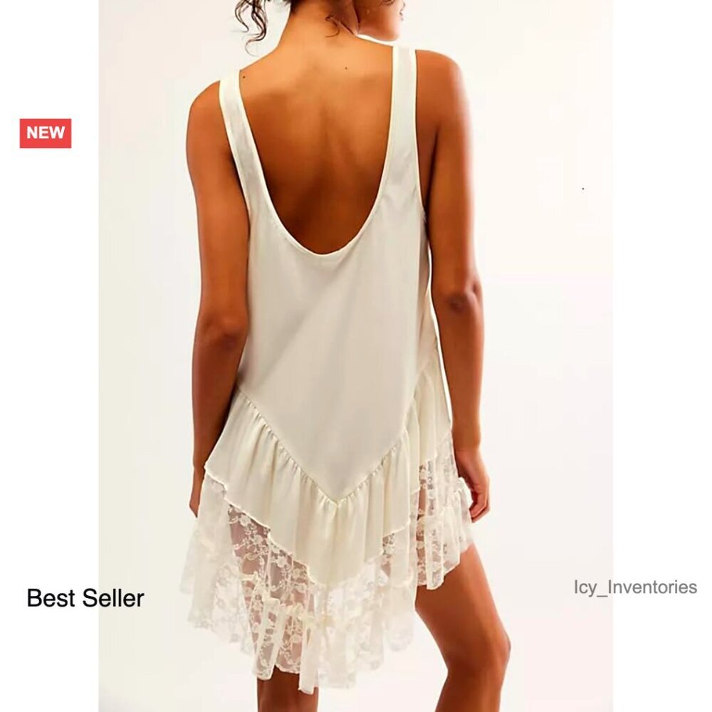 Satin Lace Mini Slip Dress Tiered Drop Waist Babydoll Sleeveless Flowy - Picture 4 of 7